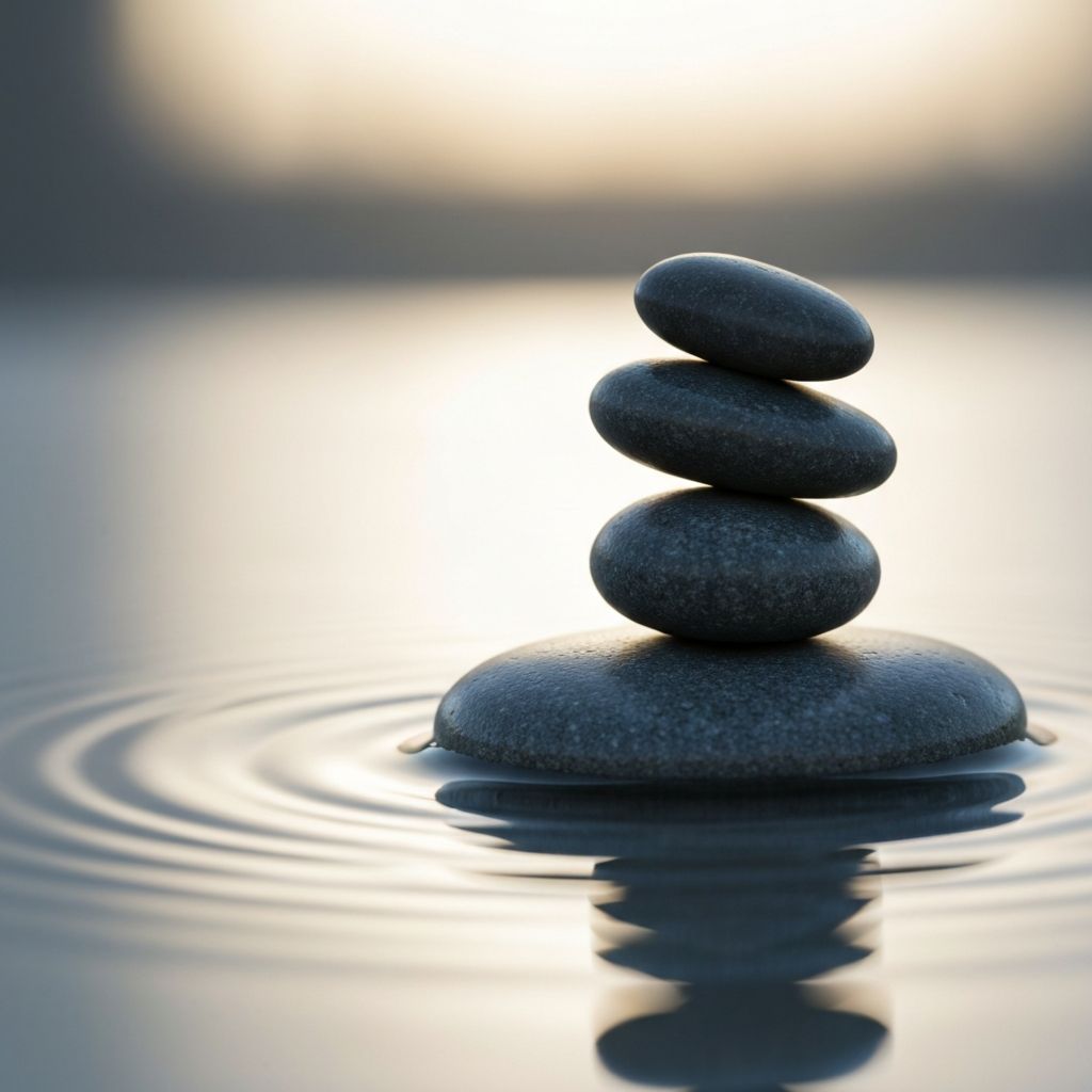 Zenovski kamen uravnotežen u spokojnoj vodi, simbol harmonije