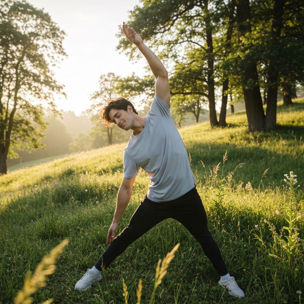 Osoba se proteže u prirodi pri izlasku sunca, mirna kretanja wellness fokusa
