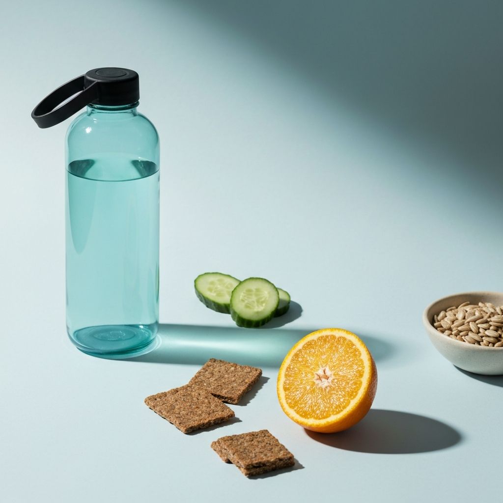 Zdrav životni stil sa flašom vode i zdravom hranom u minimalističkoj postavci