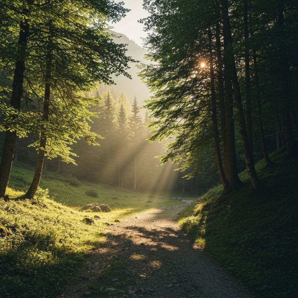 Mirna planinska krajina sa sunčanom pojavom kroz šumske grane