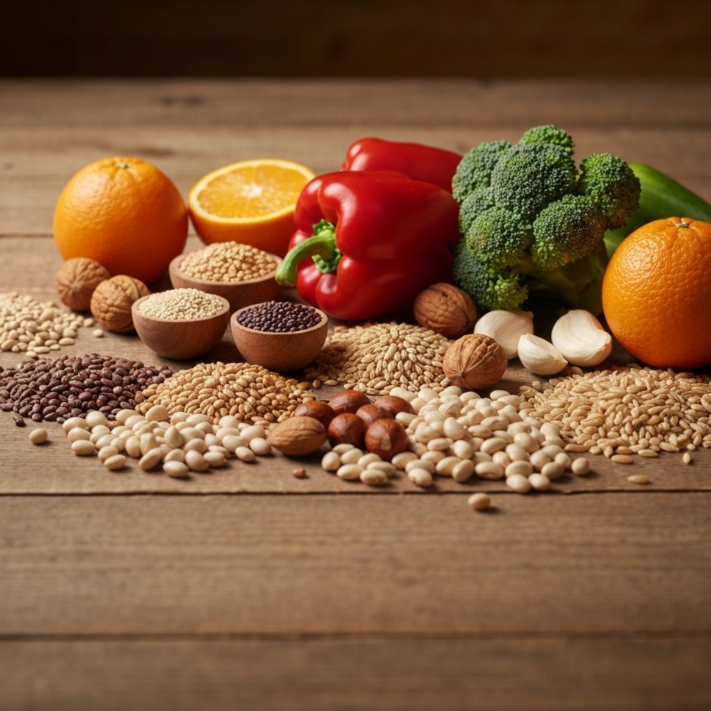 Zdravo raspoređena hrana sa povrćem, voćem i žitaricama na drvenoj površini